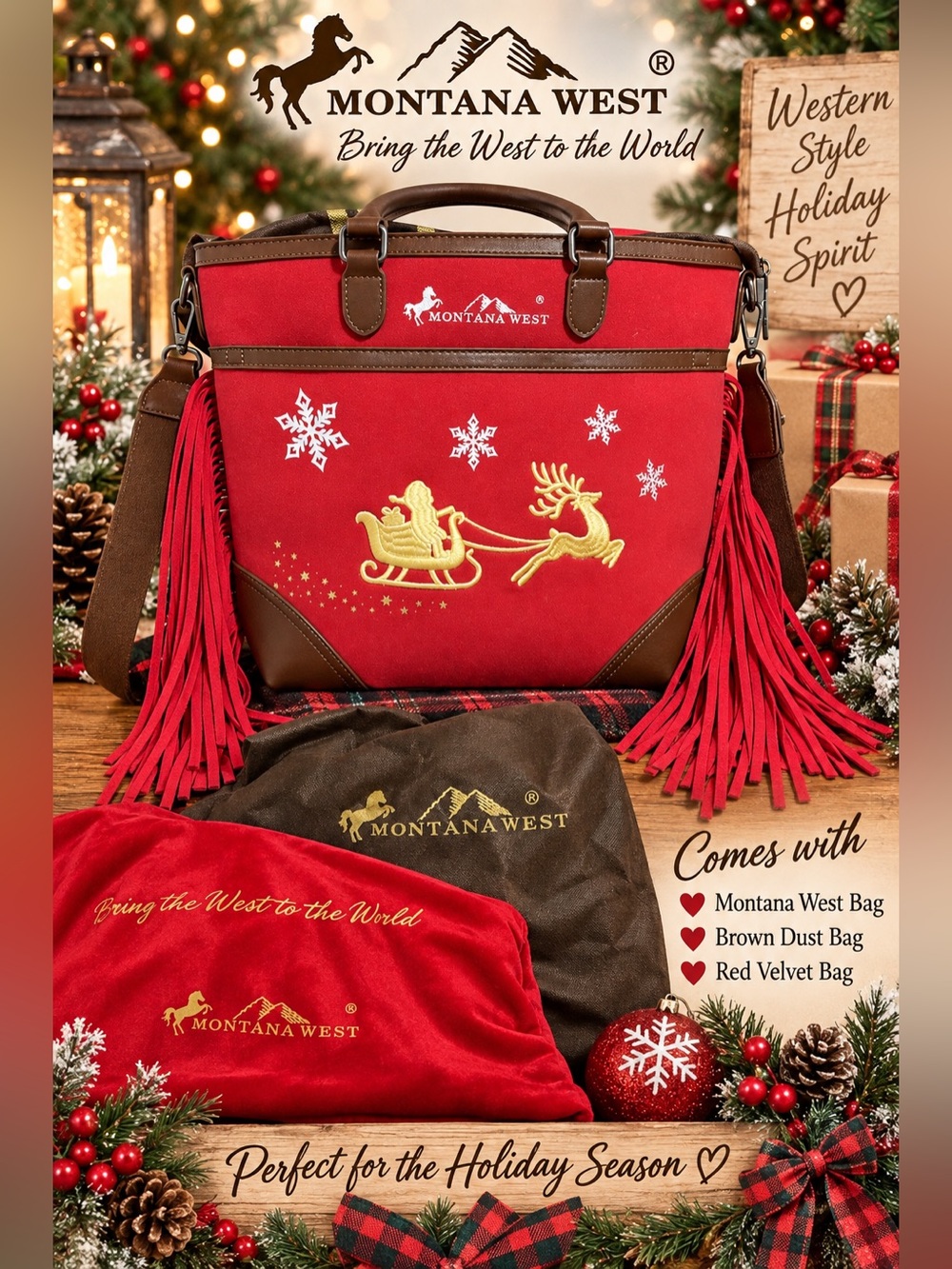 Montana West Red Fringe Shoulder Tote with Brown Trim